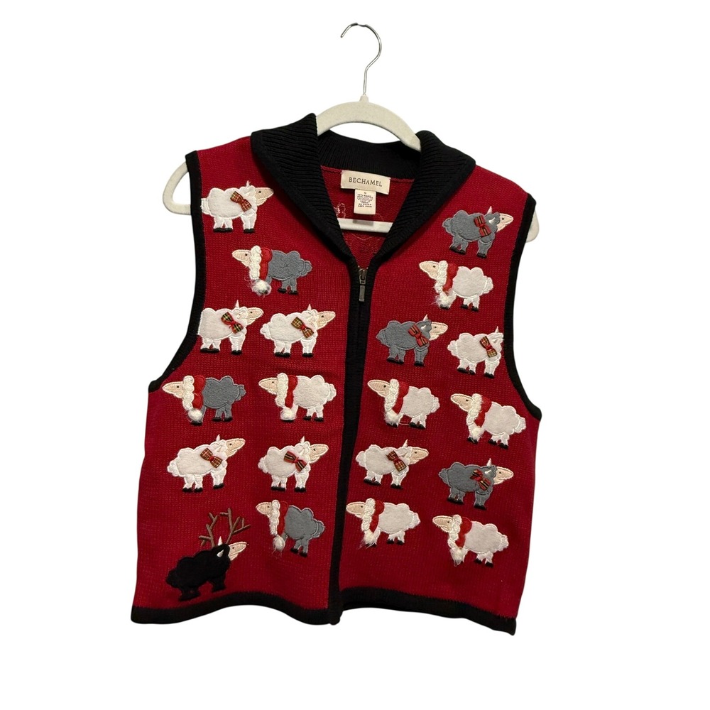 vintage Bechamel Women's Red black Knit Zip Up Vest Sheep embroidered Size S